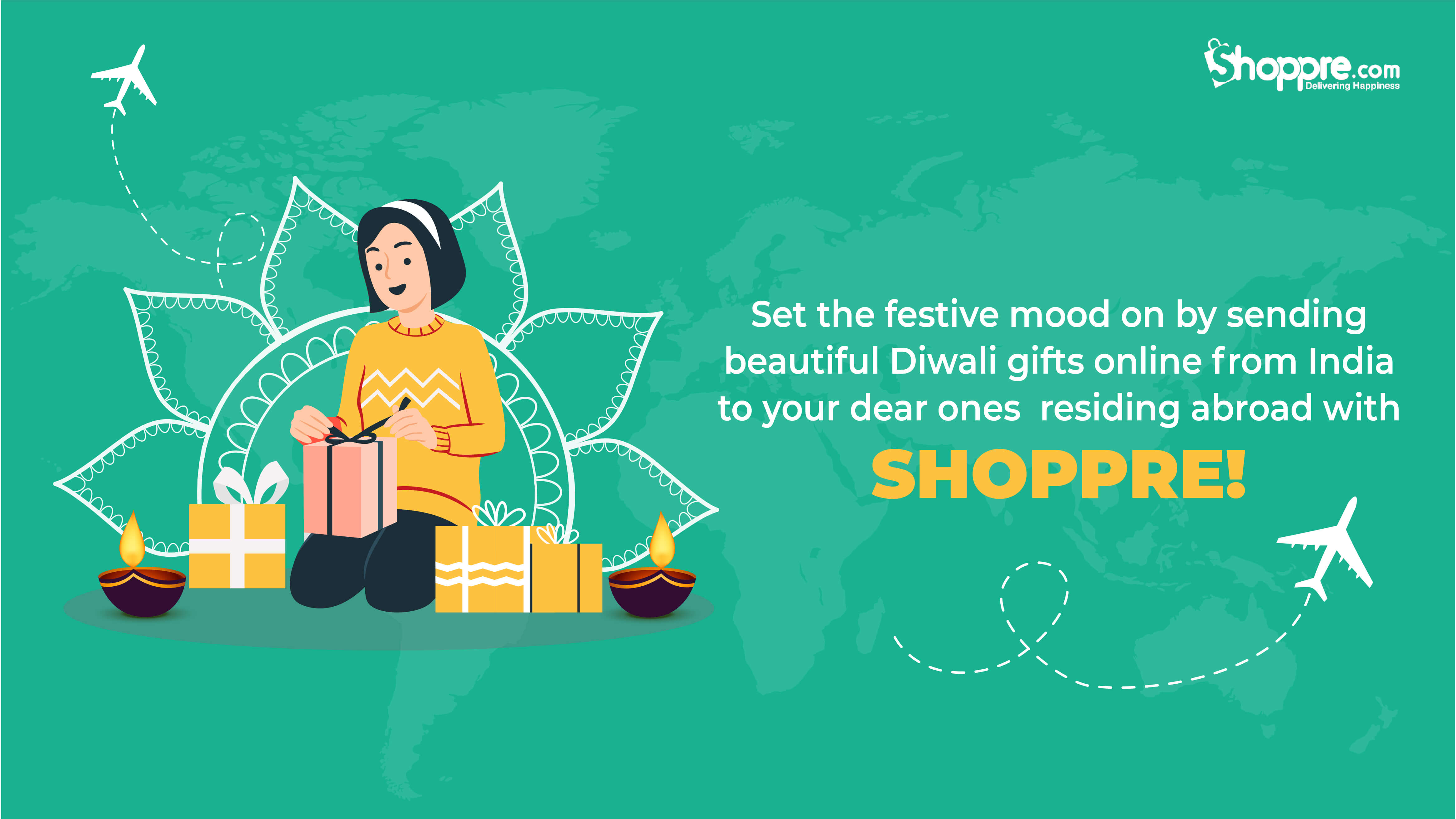 Diwali gift boxes with traditional Indian clothes, decorative diyas and festive treats.
