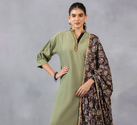 Libas Blue Block Print Straight Viscose Kurta With Keyhole neck