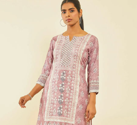 Libas Blue Block Print Straight Viscose Kurta With Keyhole neck
