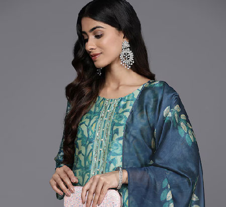 Libas Blue Block Print Straight Viscose Kurta With Keyhole neck