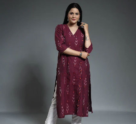 Libas Blue Block Print Straight Viscose Kurta With Keyhole neck