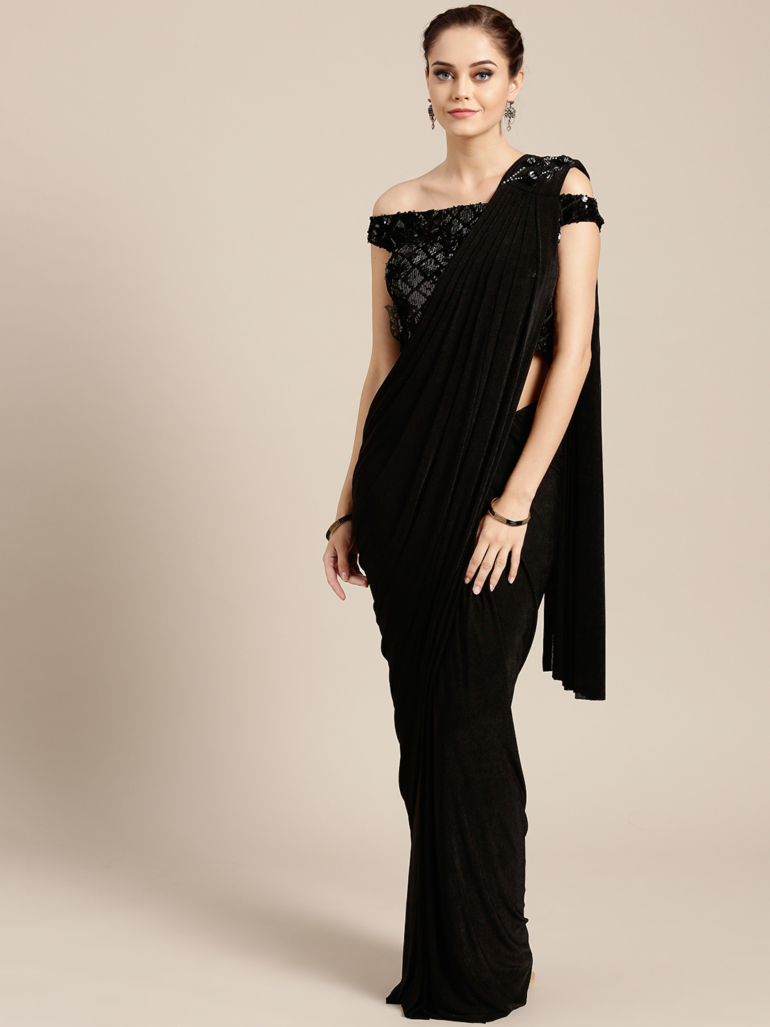 Black Solid Ready to Wear Saree